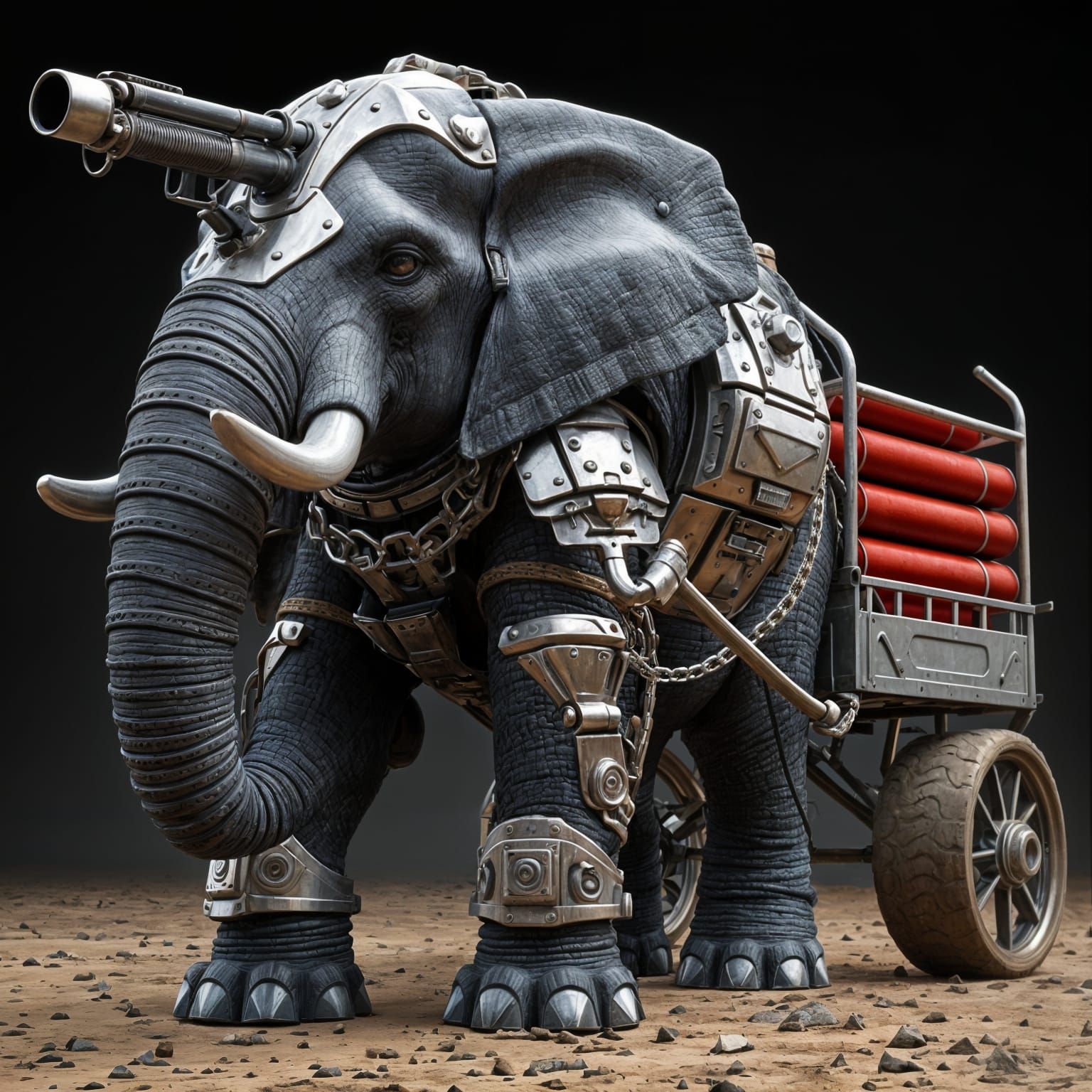 Armored Elephant with Machinegun Tows Artillery Chariot