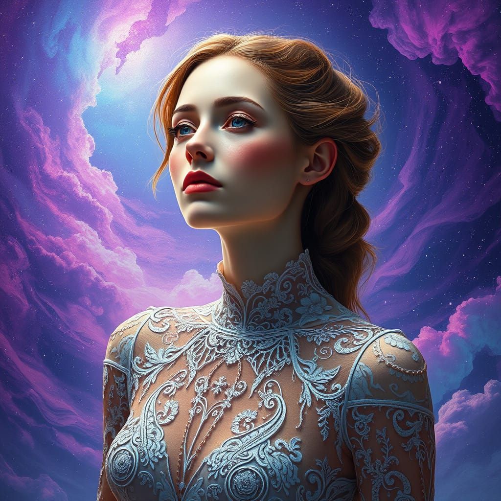 Ethereal Galaxy Goddess with Intricate Attire in a Dreamlike...