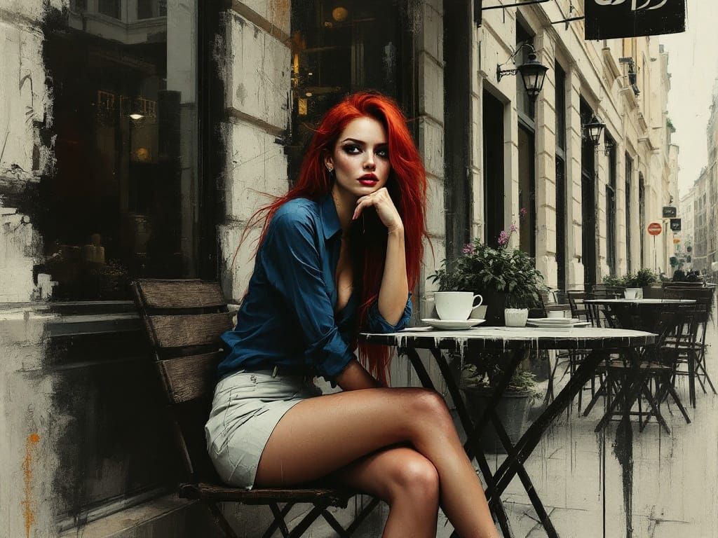 Distressed Portrait of a Red-Haired Woman in a Gritty Urban ...