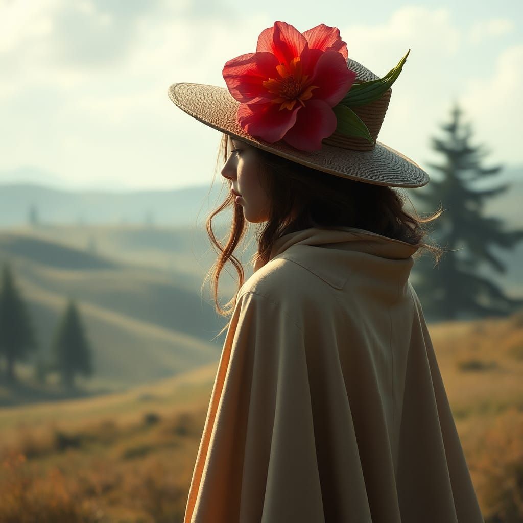 Woman with Flowered Hat in Dreamy Landscape