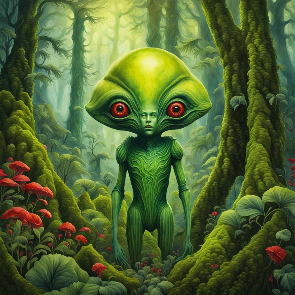 Quaint Alien in Forest: Watercolour Illustration