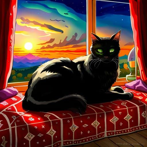 Black Cat Lounging with Sunset in Fantasy Art