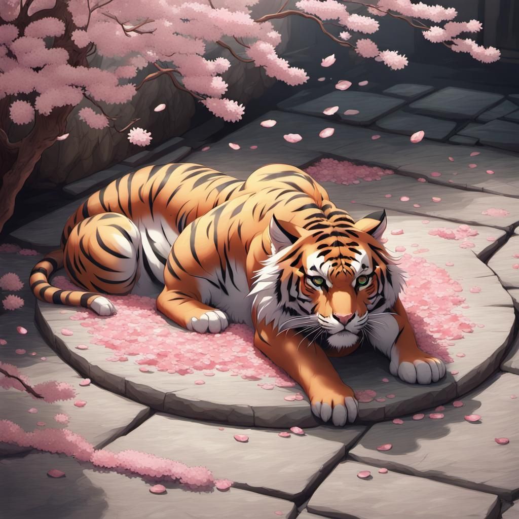 Anime Tiger Surrounded by Sakura Petals in 3D