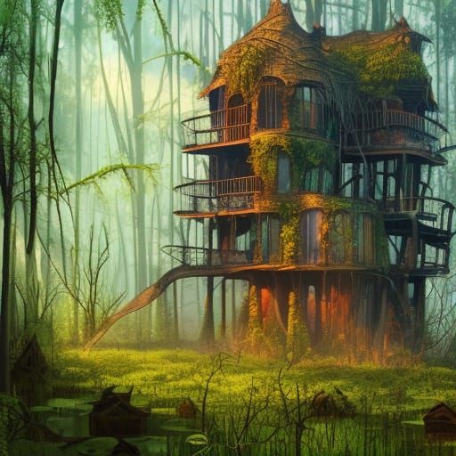 Whimsical Solarpunk Witch House in Overgrown Swamp