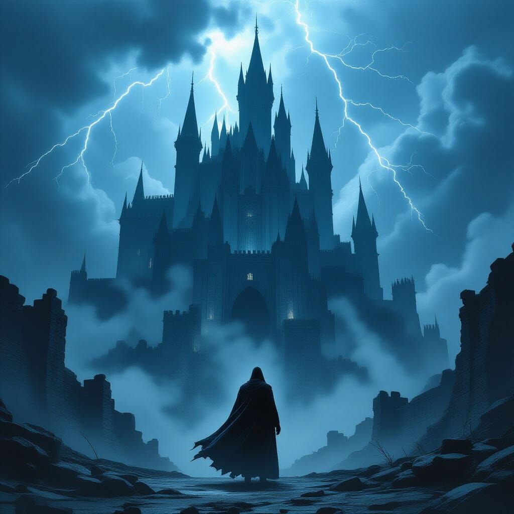 Dark Fantasy Castle with Cloaked Figure in Eerie Landscape
