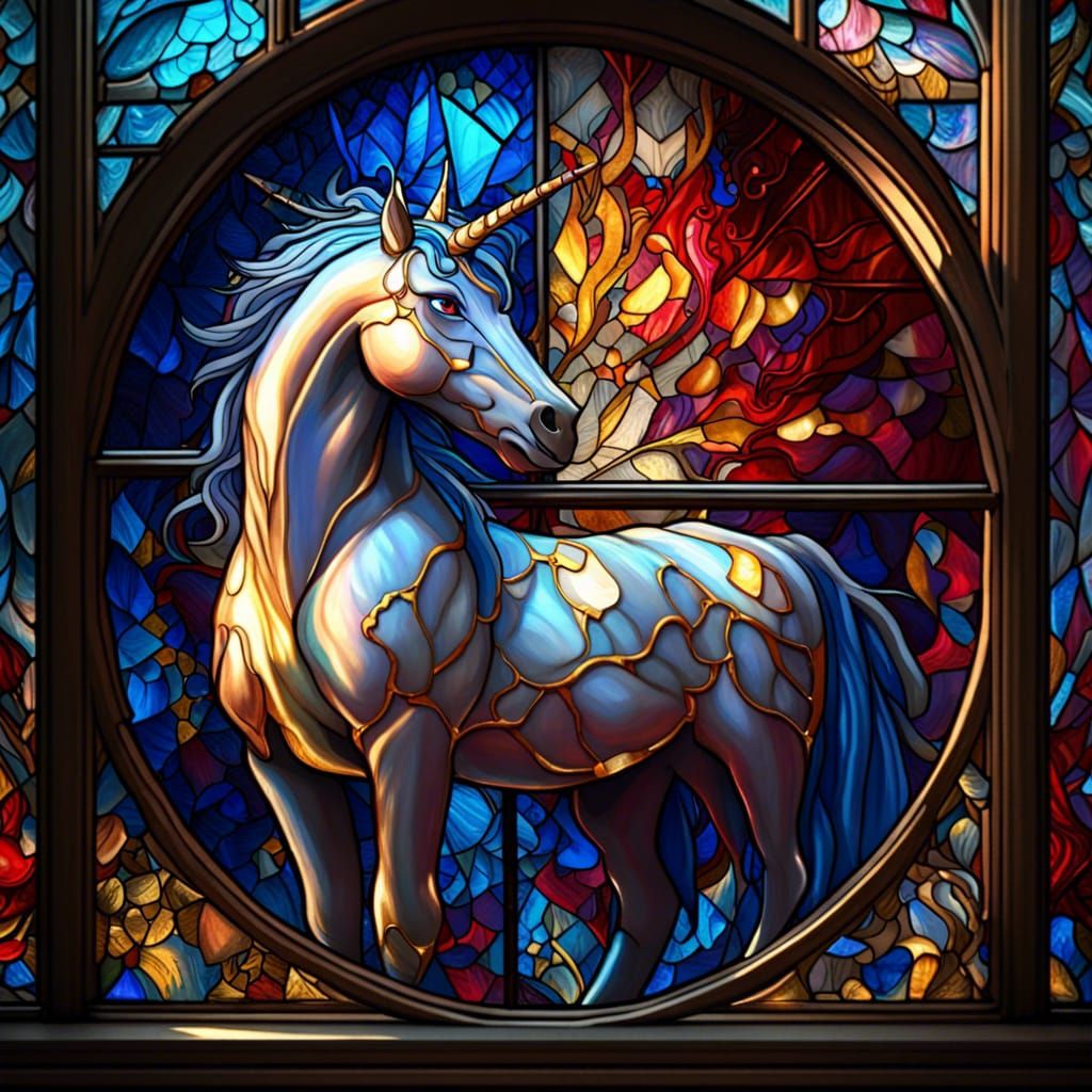 Stained Glass Unicorn Window in Art Nouveau Style