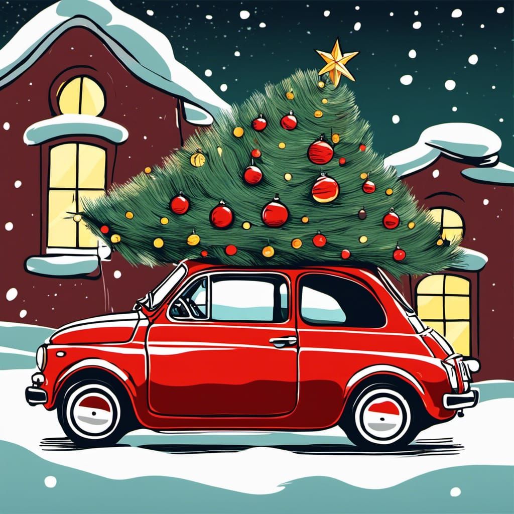 Fiat 500 with Christmas Tree: Hand-Drawn Illustration