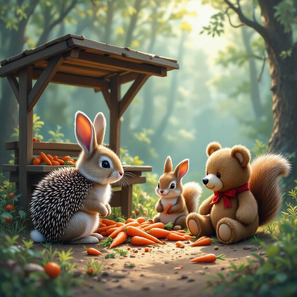 Bunny Watches Friends Eat Carrots Near Forest Stall