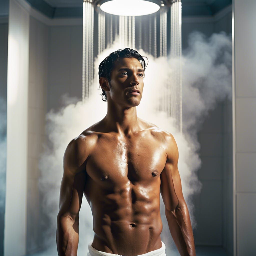 Ethereal Steam: Hyperrealistic Shower Room Photograph