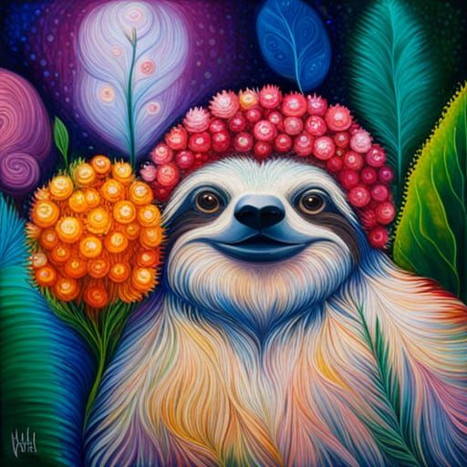 Bohemian Crystal Flower Sloth in Impasto Style