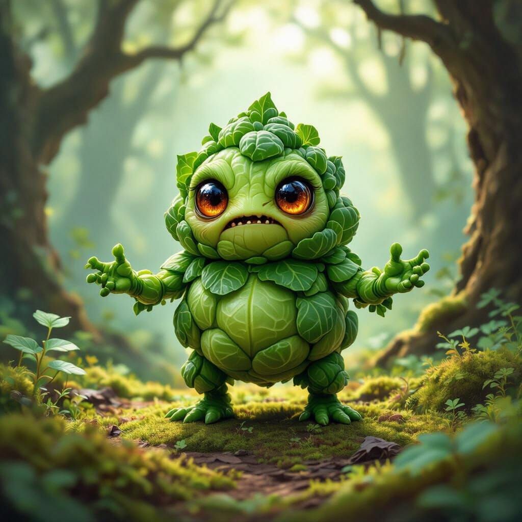 Tiny Brussel Sprouts Monster on Forest Floor