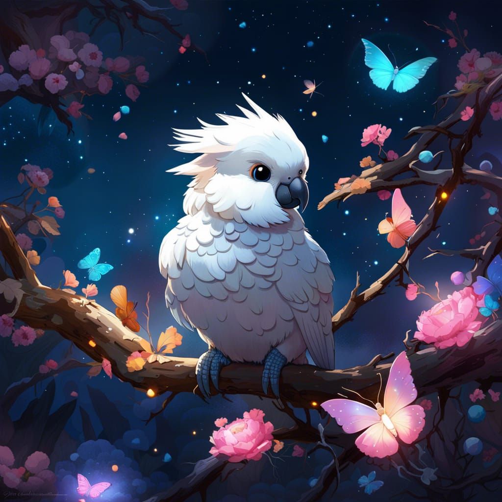 Chibi Cockatoo Constellation with Bioluminescent Flowers