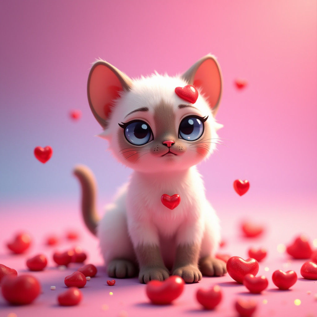 Siamese Cat Covered in Sparkling Hearts: 3D Render