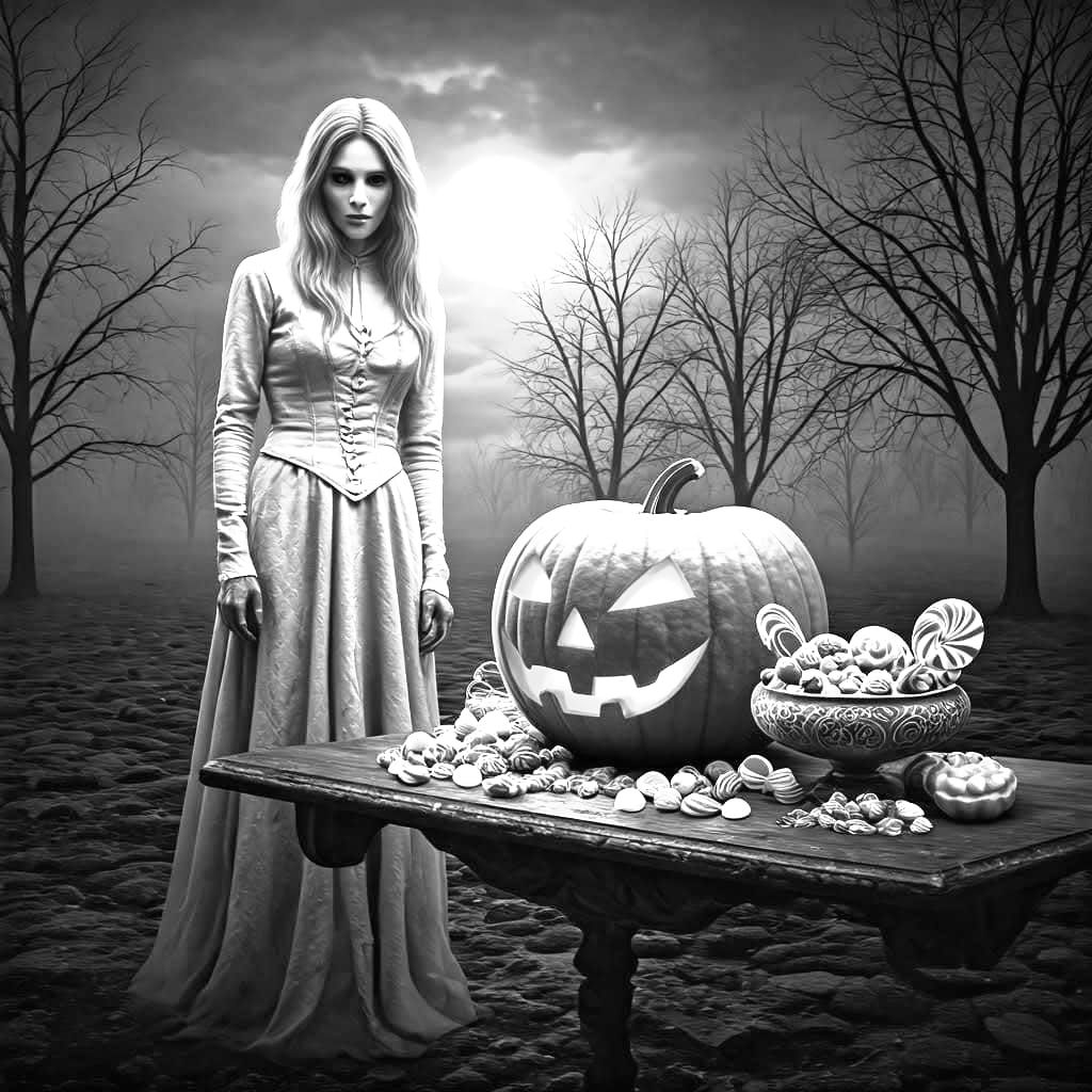 Monochrome Halloween: Ghost Witch Pumpkin Under Full Moon