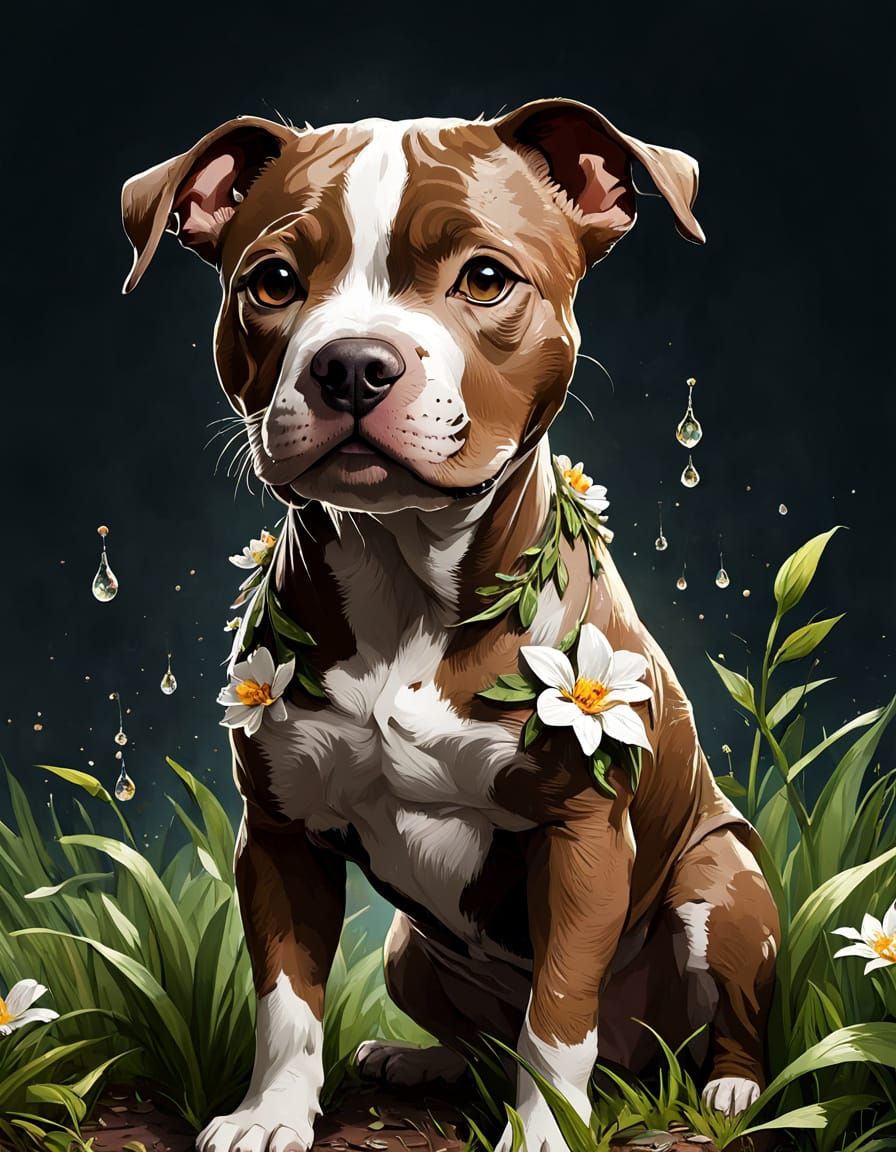 A Flawless Digital Portrait of a Pitbull Mix in Spring Flora...