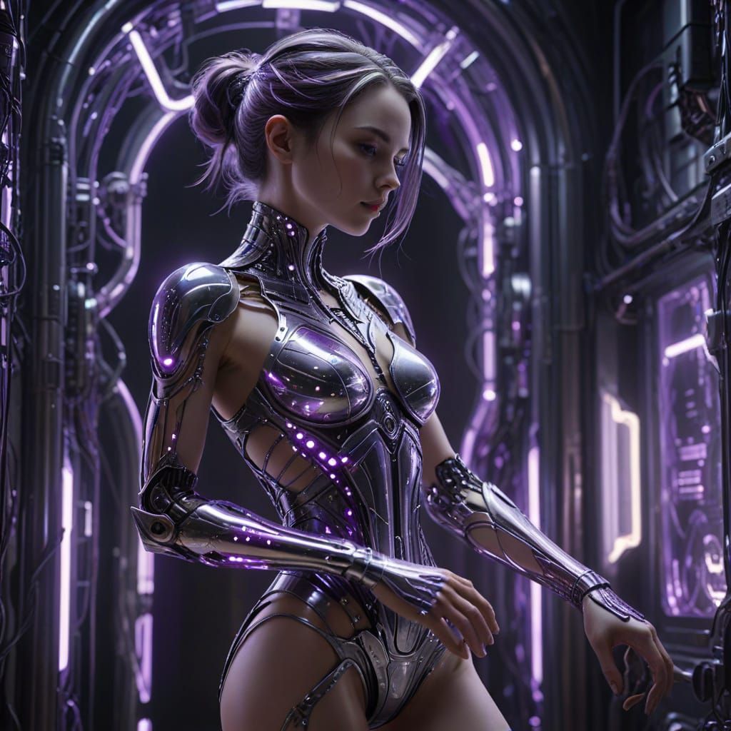 Ethereal Cybernetic Woman with Glowing Purple Accents