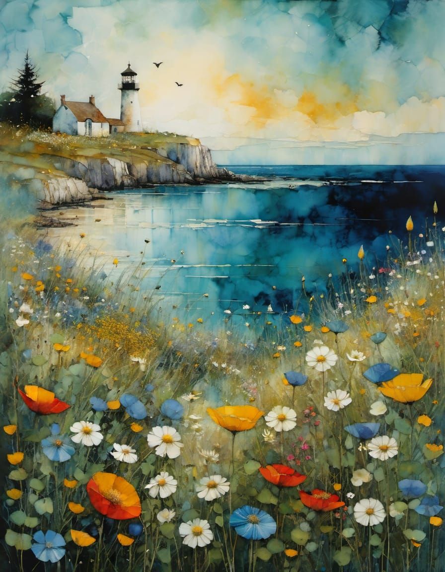 Wildflowers by the Sea in Vibrant Encaustic Painting Style