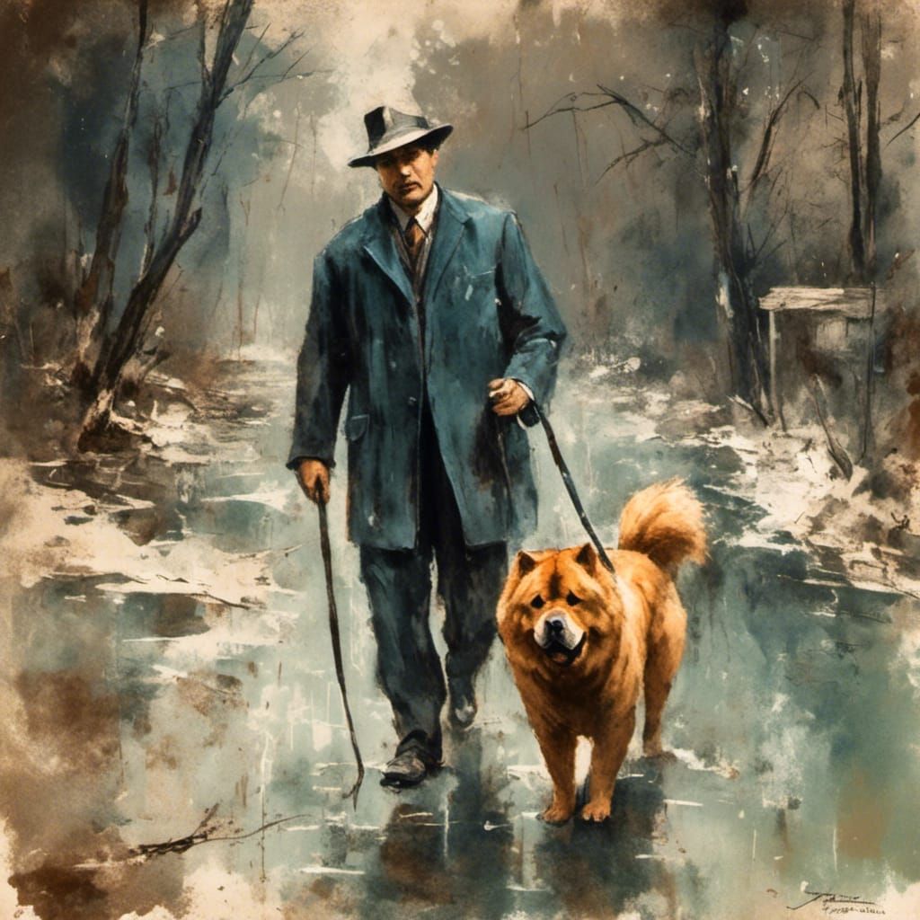 1940s Film Noir Man with Chow Chow in Gouache