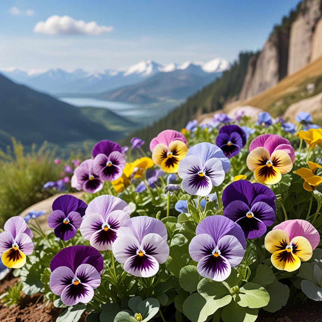 Delicate Pastel Pansies Amidst Soft Watercolor Mountains