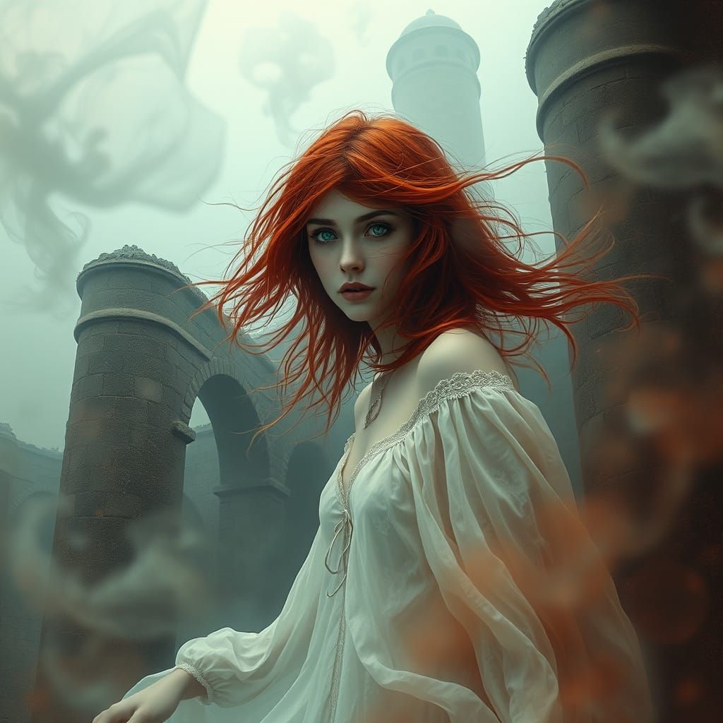 Surreal Red-Haired Woman Sinks into Mists of Time in Dreamli...