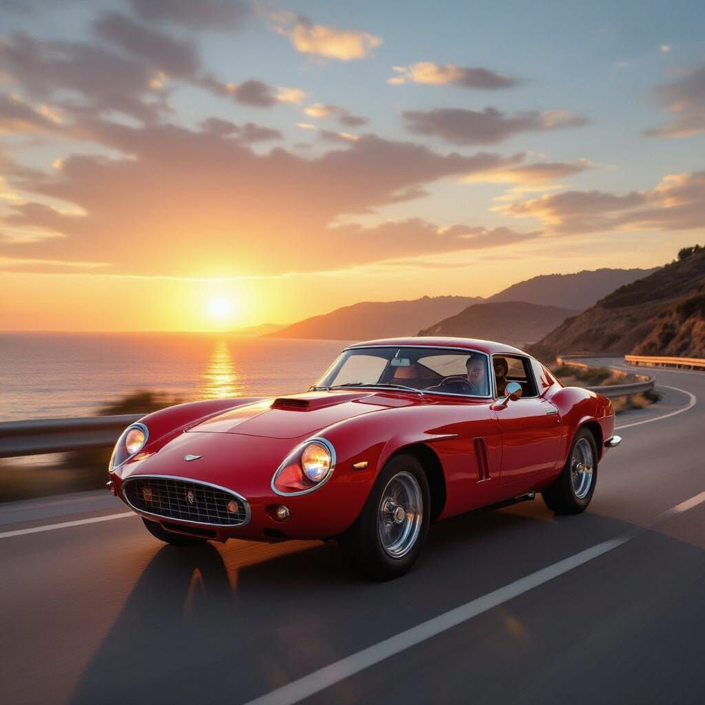 Vintage Red Sports Car on Coastal Highway at Sunset