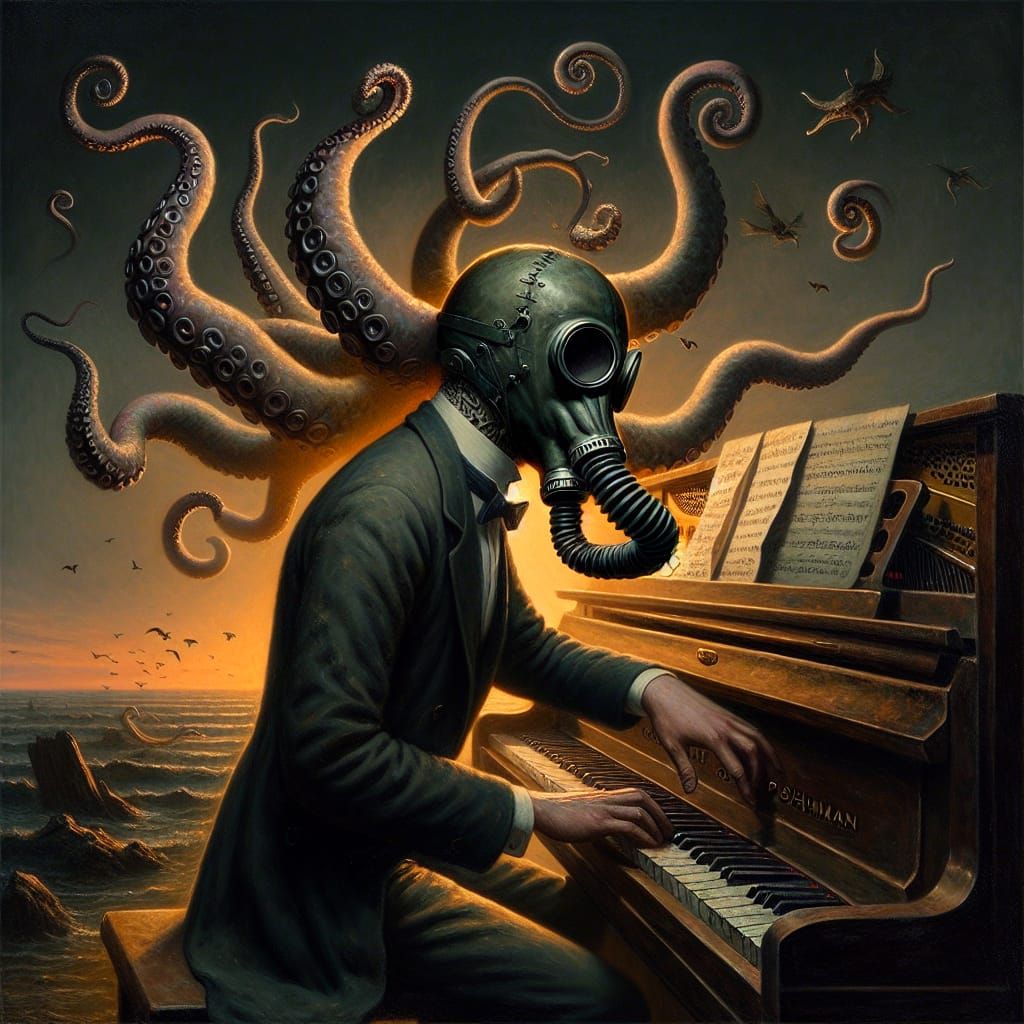 Surreal Gas Mask Pianist Inspired by Romanticism