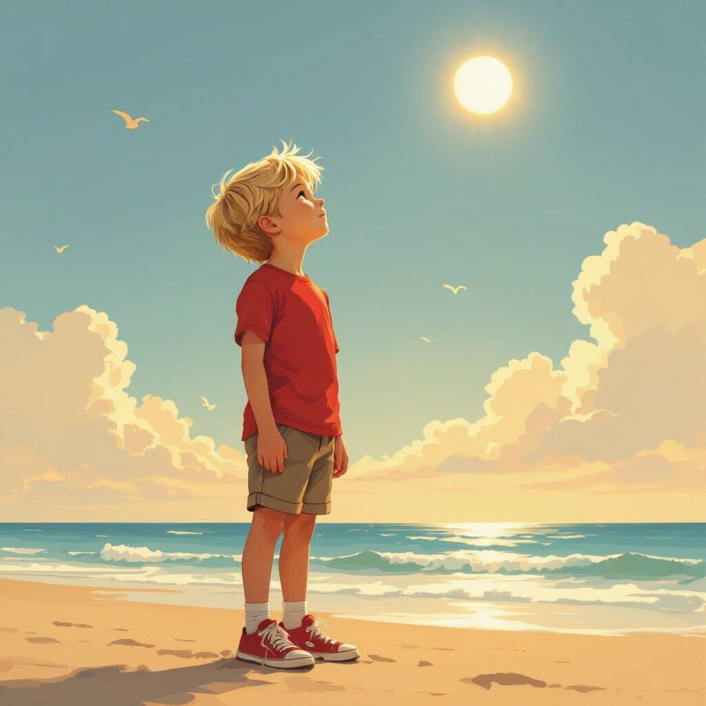 Boy Gazing Skyward on Beach in Digital Art Style