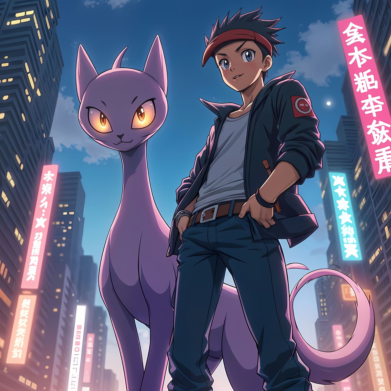 Pokemon Trainer with Mewtwo in Anime Style