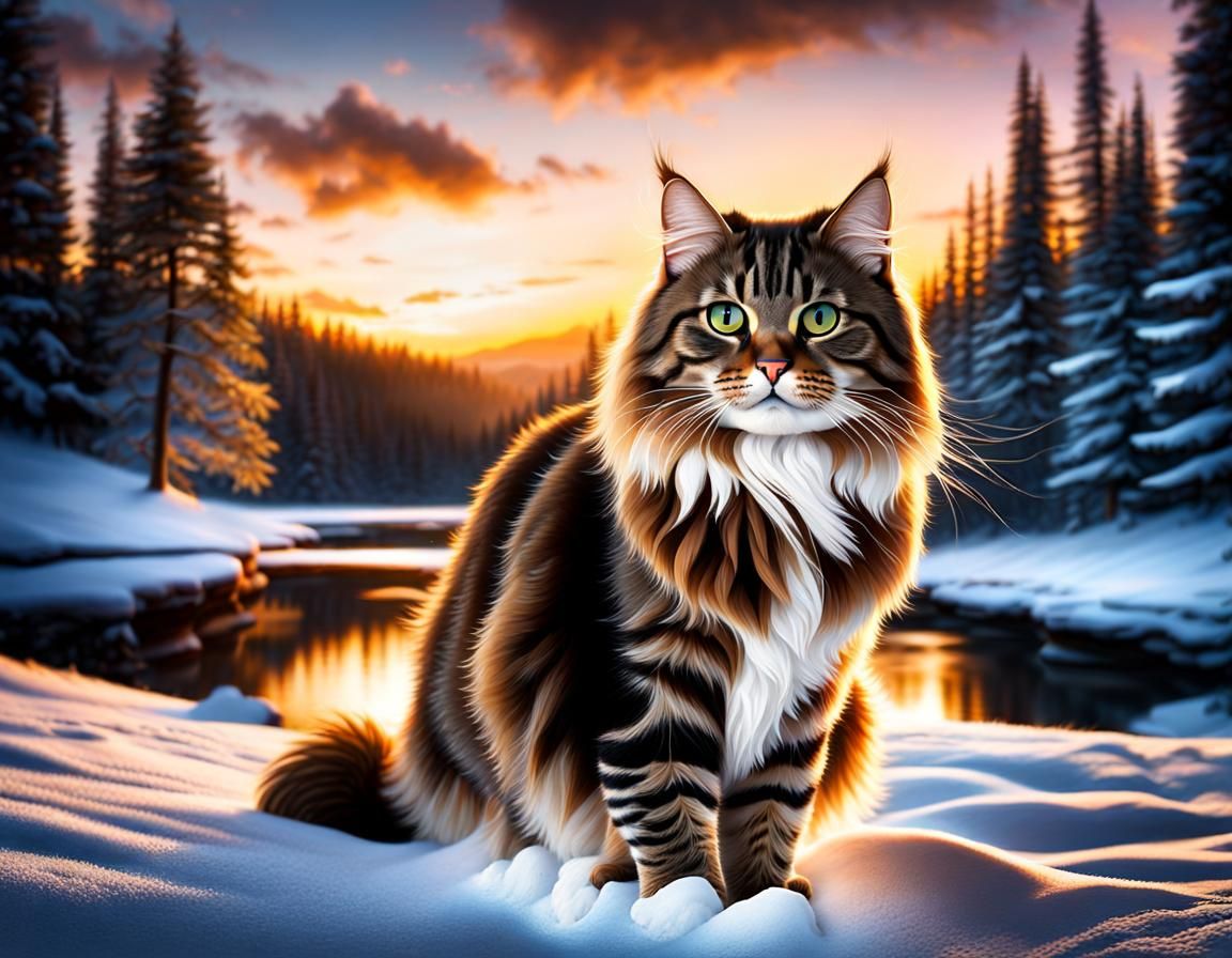 Brown Tabby Siberian Cat Portrait in Snow