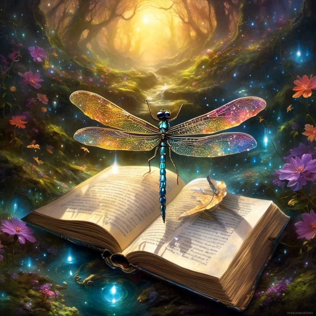 Ethereal Dragonfly with Candle and Open Book
