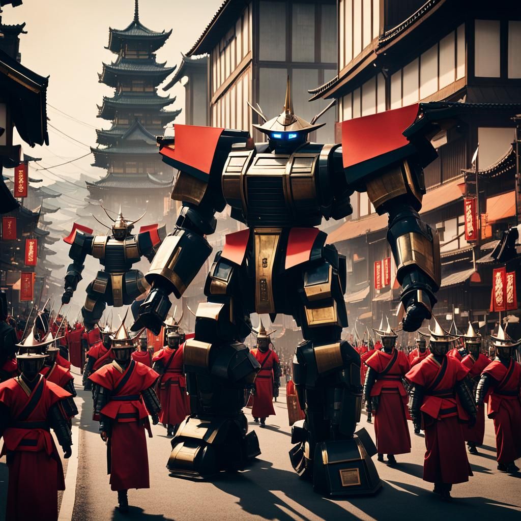 Samurai Mech Parade in Ancient Japan
