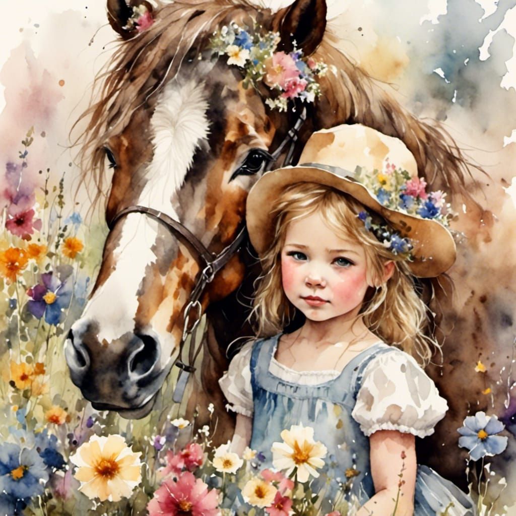 Cowgirl and Pony in Antique Watercolor Style