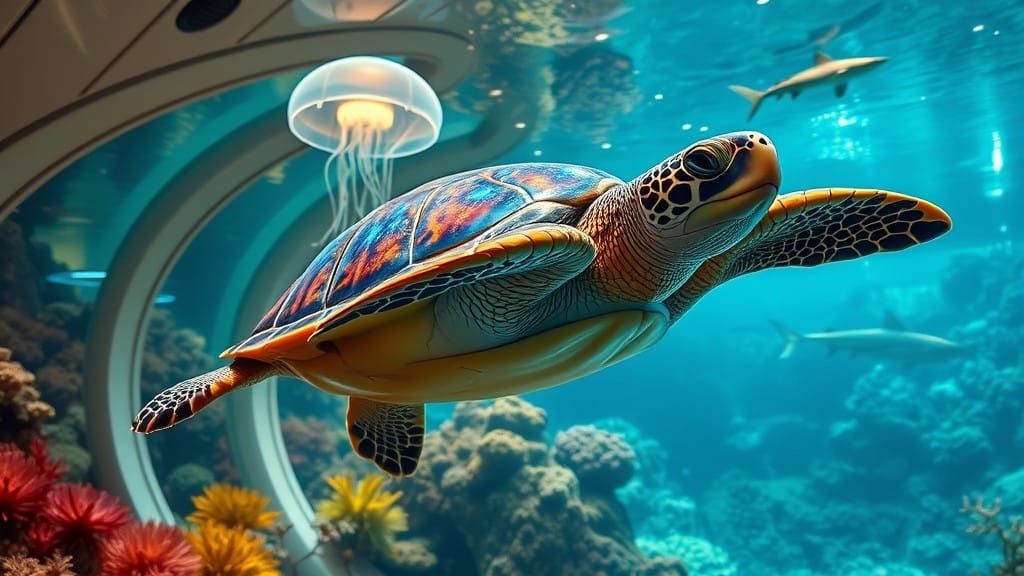 Sea Turtle in Futuristic Aquarium with Iridescent Shell