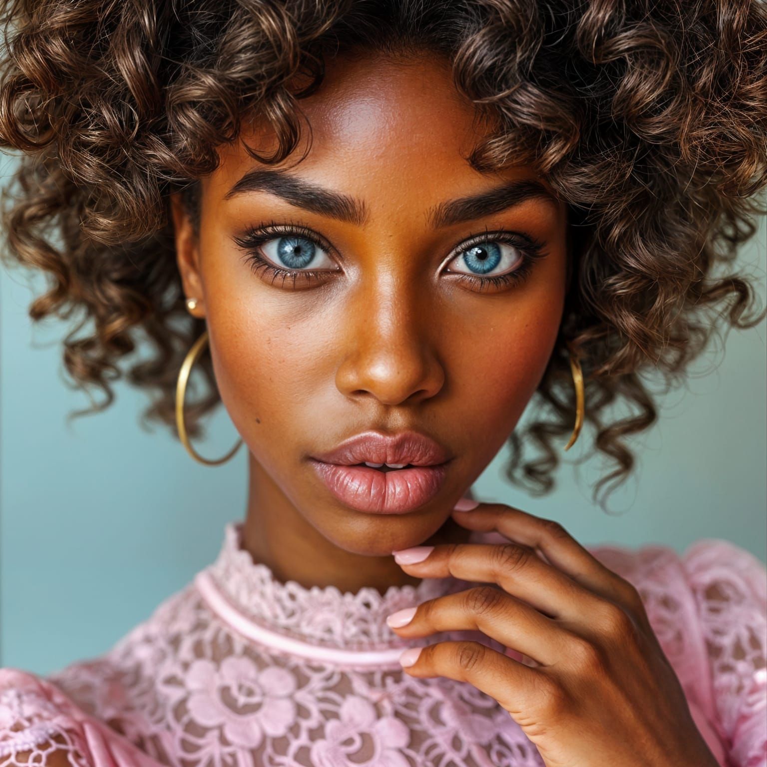 Realistic Portrait of a Woman with Sapphire Blue Eyes