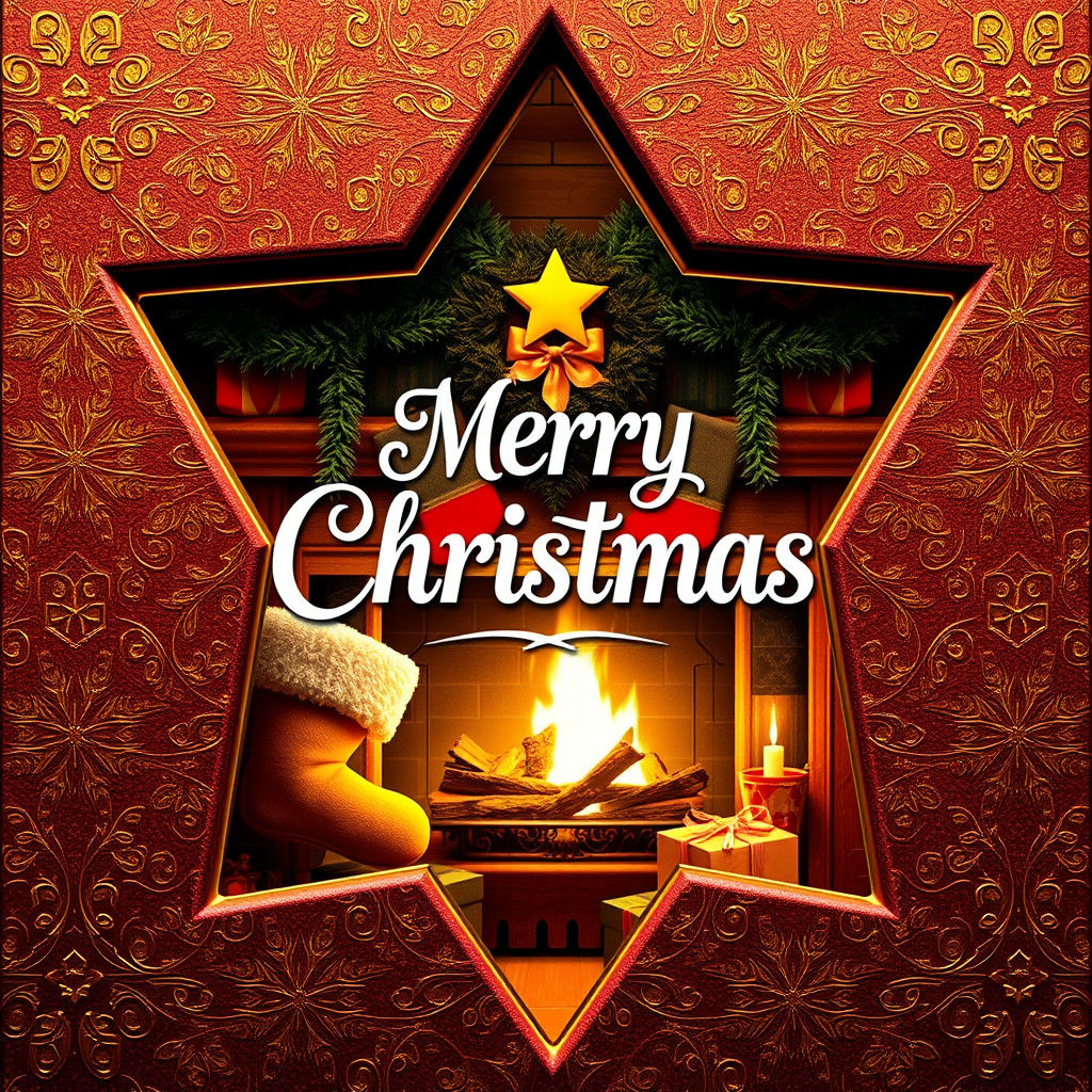 Retro Christmas Card with Fireplace Scene