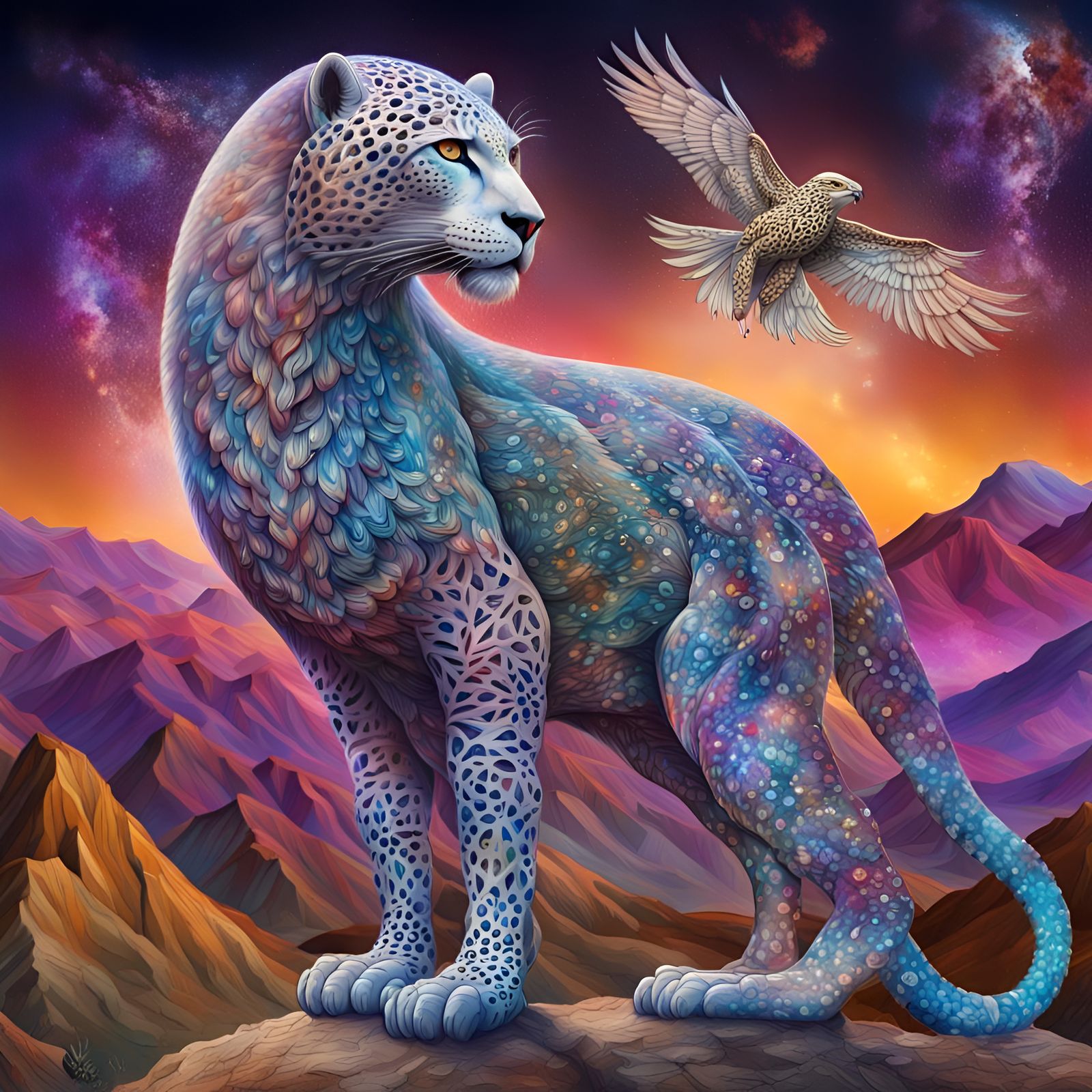 Vibrant Alebrije: Leopard Body, Eagle Head, Cosmic Mountain