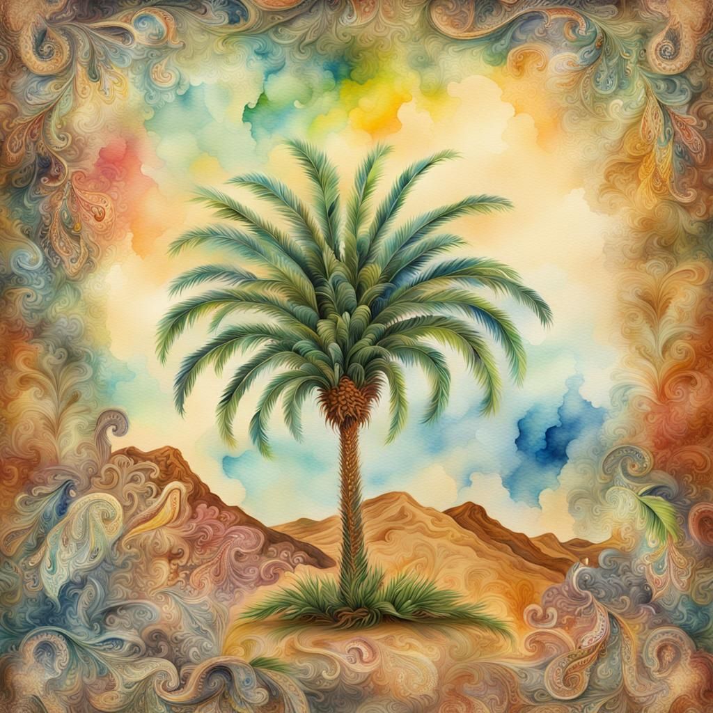 Palm Tree Watercolor with Paisley Background
