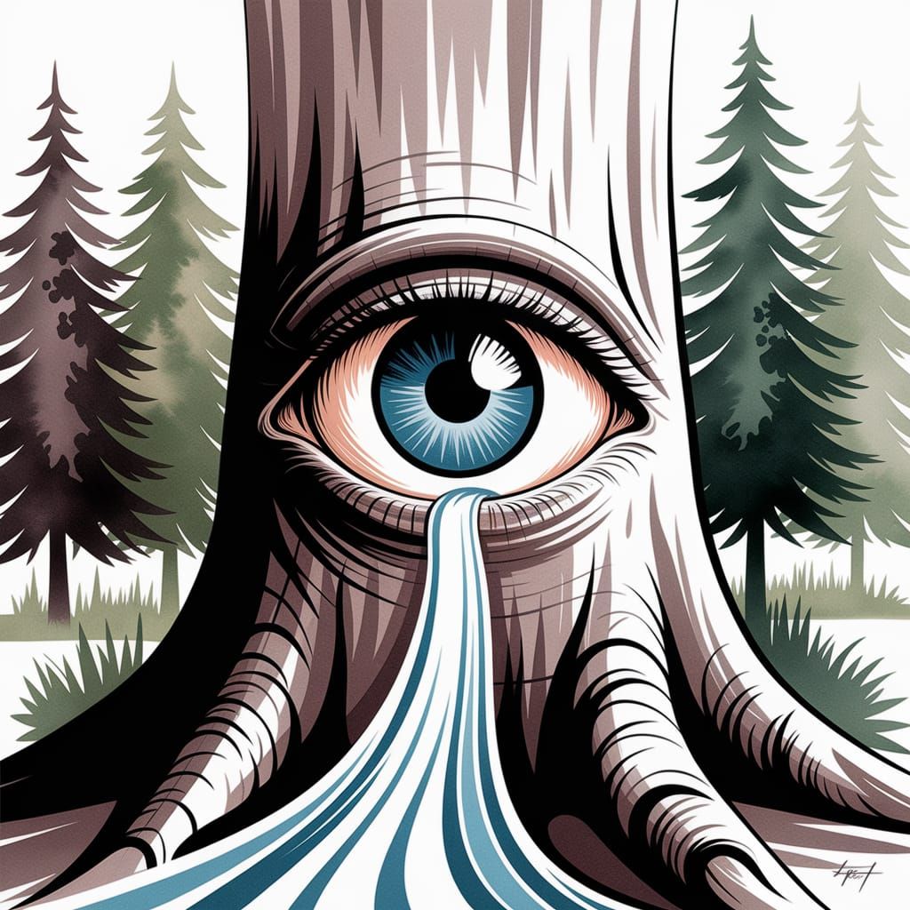 Eye in Tree Trunk: Minimalist Watercolor River