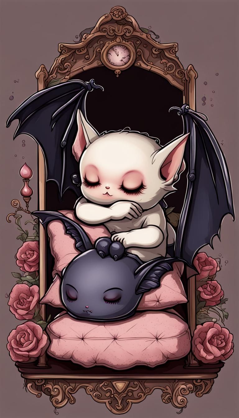 Gothic Chibi Bat Asleep on Victorian Pillow