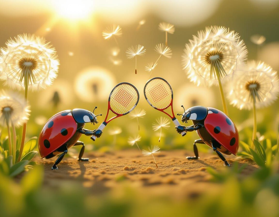Ladybugs Playing Tennis in Dandelion Field: Macro Photograph...