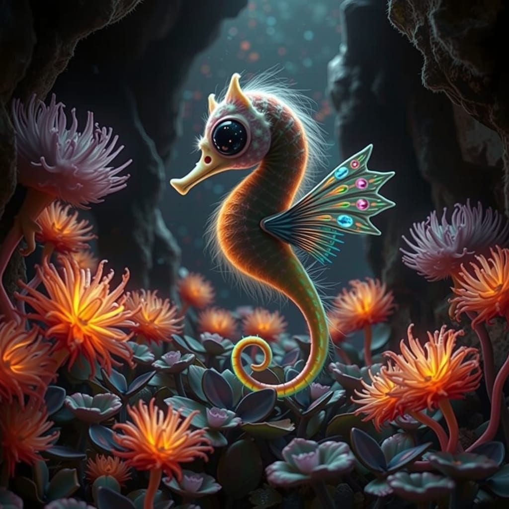 Iridescent Seahorse with Wings on Bioluminescent Plants