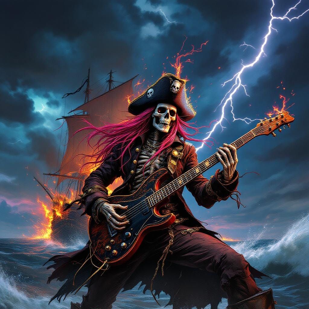 Skeleton Pirate Guitarist Amidst Burning Ship