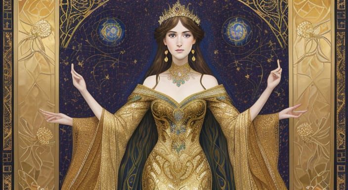 Art Nouveau Princess in Gold Accents and Floral Patterns
