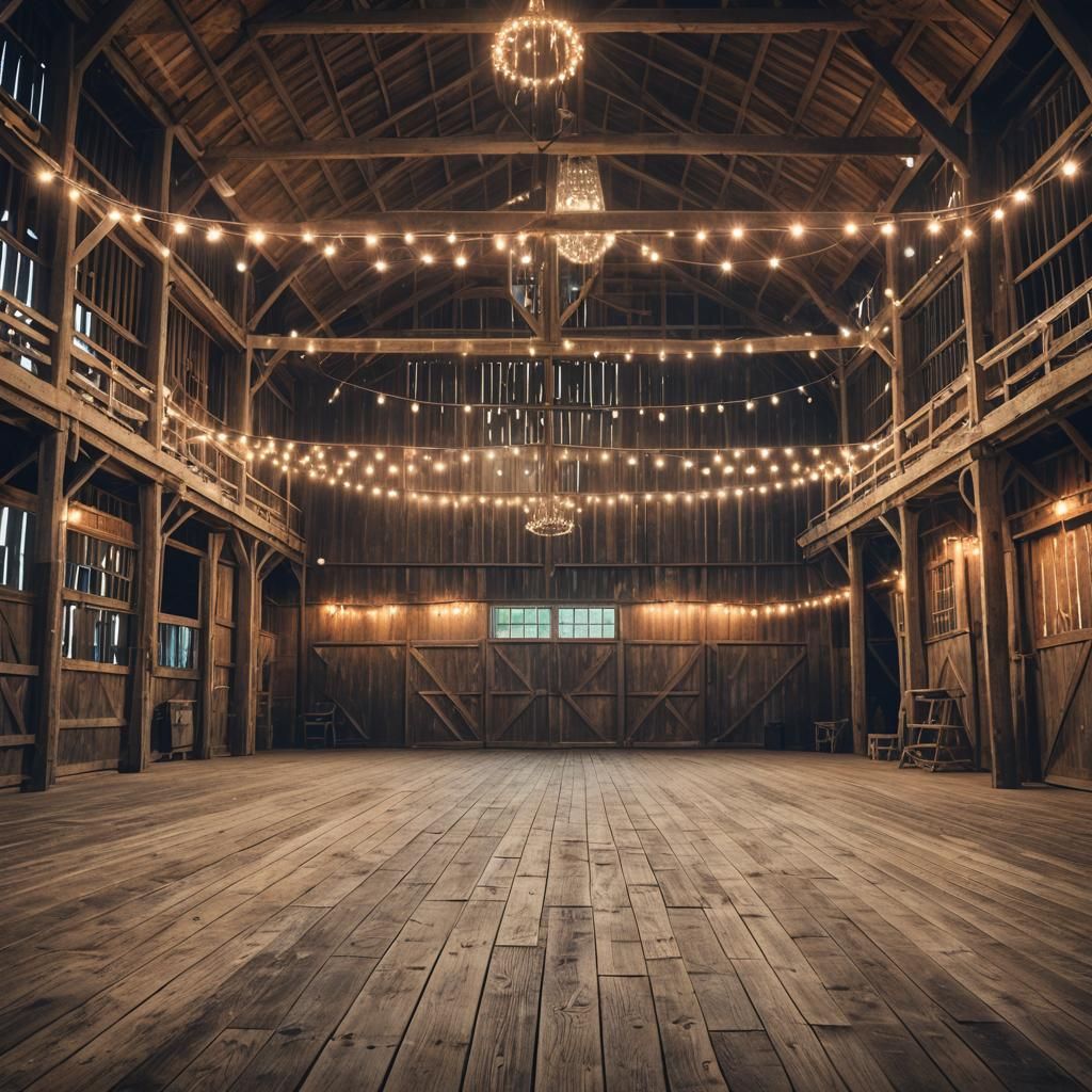 Barn Interior with Wooden Floor and Hanging Lights