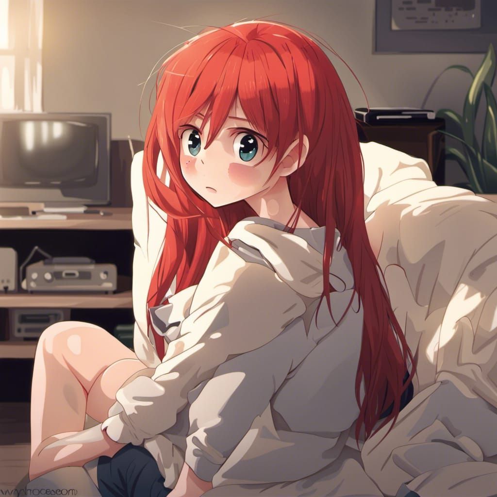 Red-Haired Girl Watching TV in Anime Style