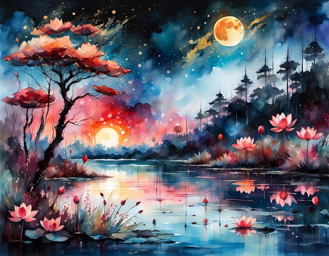 Dramatic Sunset with Lotus Flowers in Watercolor