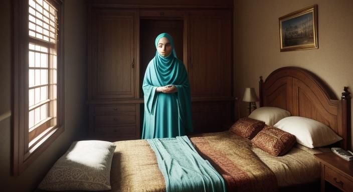 Muslim Girl and Antique Wardrobe in Golden Light