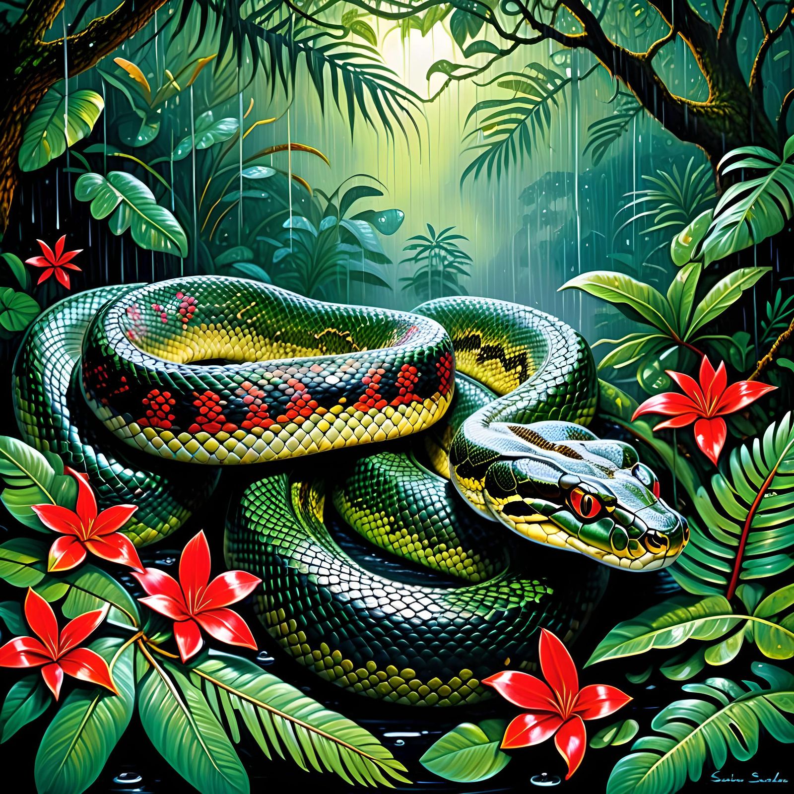Anaconda in Moonlit Rainforest Painting