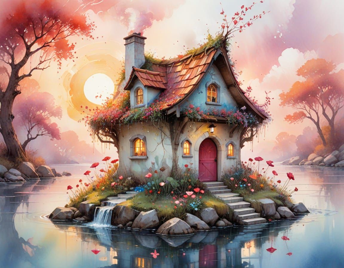 Toadstool House Sunrise in Watercolor
