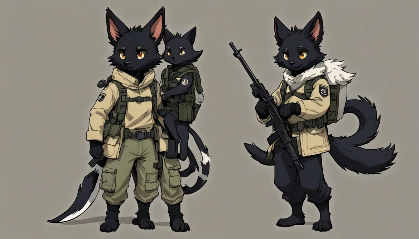 Tactical Kemono Character with Black Ears and Tail